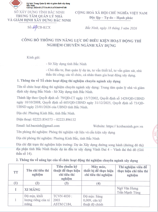 CÔNG BỐ THÔNG TIN NĂNG LỰC ĐỦ ĐIỀU KIỆN HOẠT ĐỘNG THÍ NGHIỆM CHUYÊN NGÀNH XÂY DỰNG